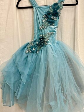 EUC Weissman Teal Seafoam Tulle Dance Dress Floral Rhinestone MC